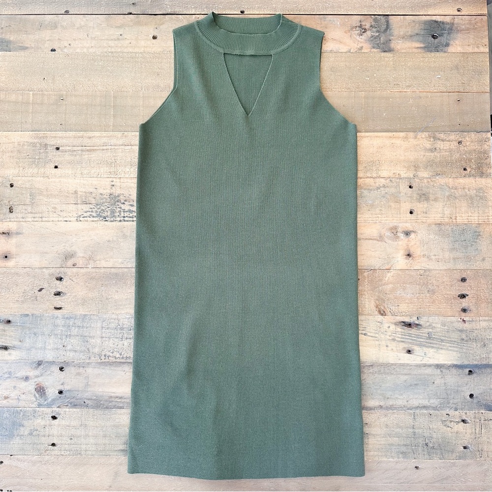 Impeccable Pig NWOT Olive Green Sleeveless Knit Dress Cut Out V-Neck Siz…